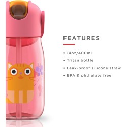 Botella Infantil 400 ml con Pajita 🩷 Gato Rosa | ZK201PK Tritán Antif